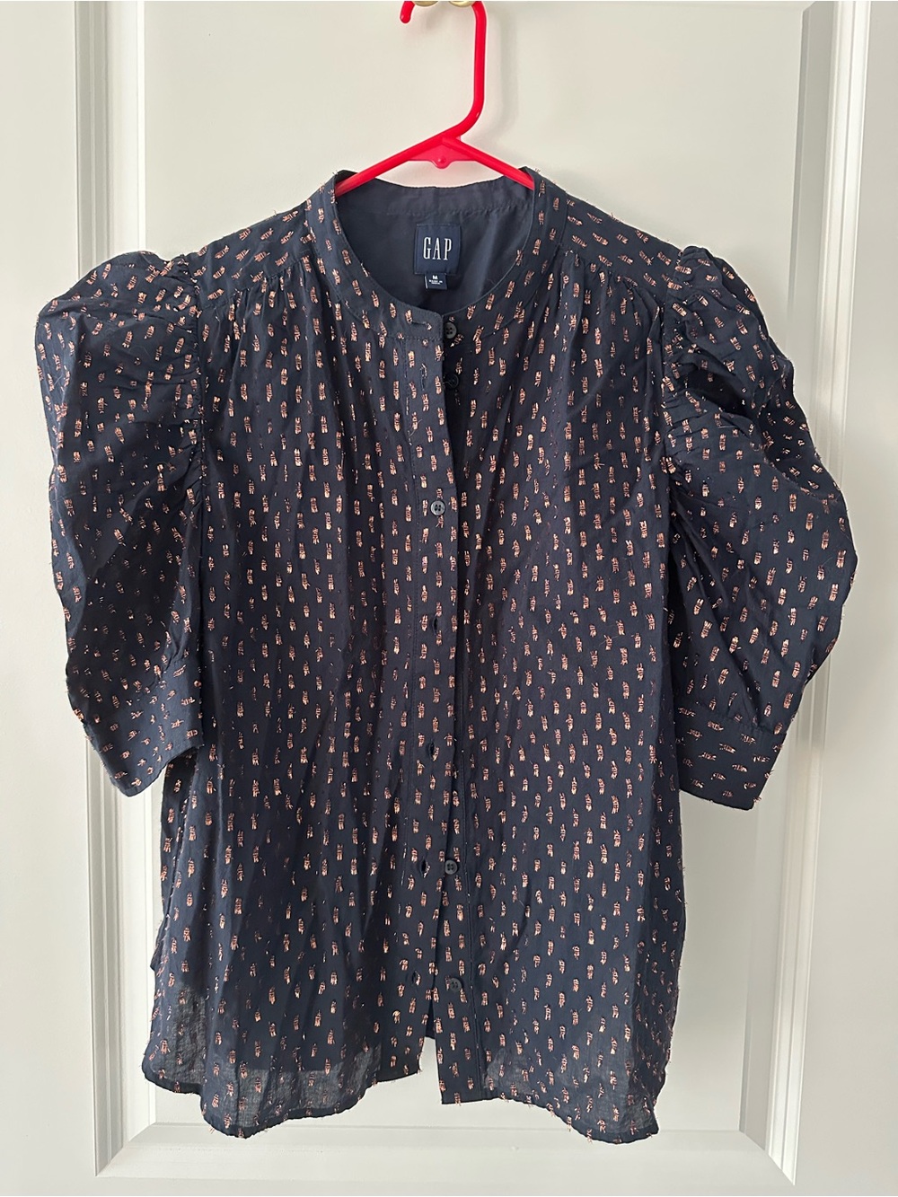 GAP Navy Puff Sleeve Button-Front Blouse with Metallic Accent
